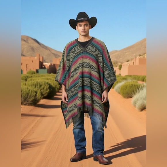 Vintage Woven Green Mexican Southwestern Blanket Style Poncho or Serape, OS - Picture 2 of 10